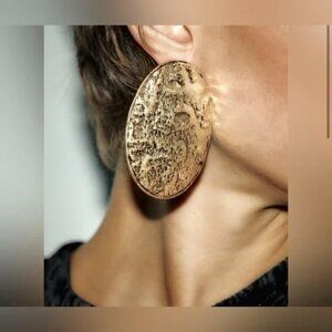 Nwt. Zara Golden Textured Oval Shaped Metal Earrings.